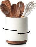 Utensil Holder, 360 Rotating Extra Large Ceramic Kitchen Utensil Holder for Countertop, 7.3 Cooking Utensil Crocks for Kitchen Counter with Rotatable Wooden Base, Farmhouse Decor, White