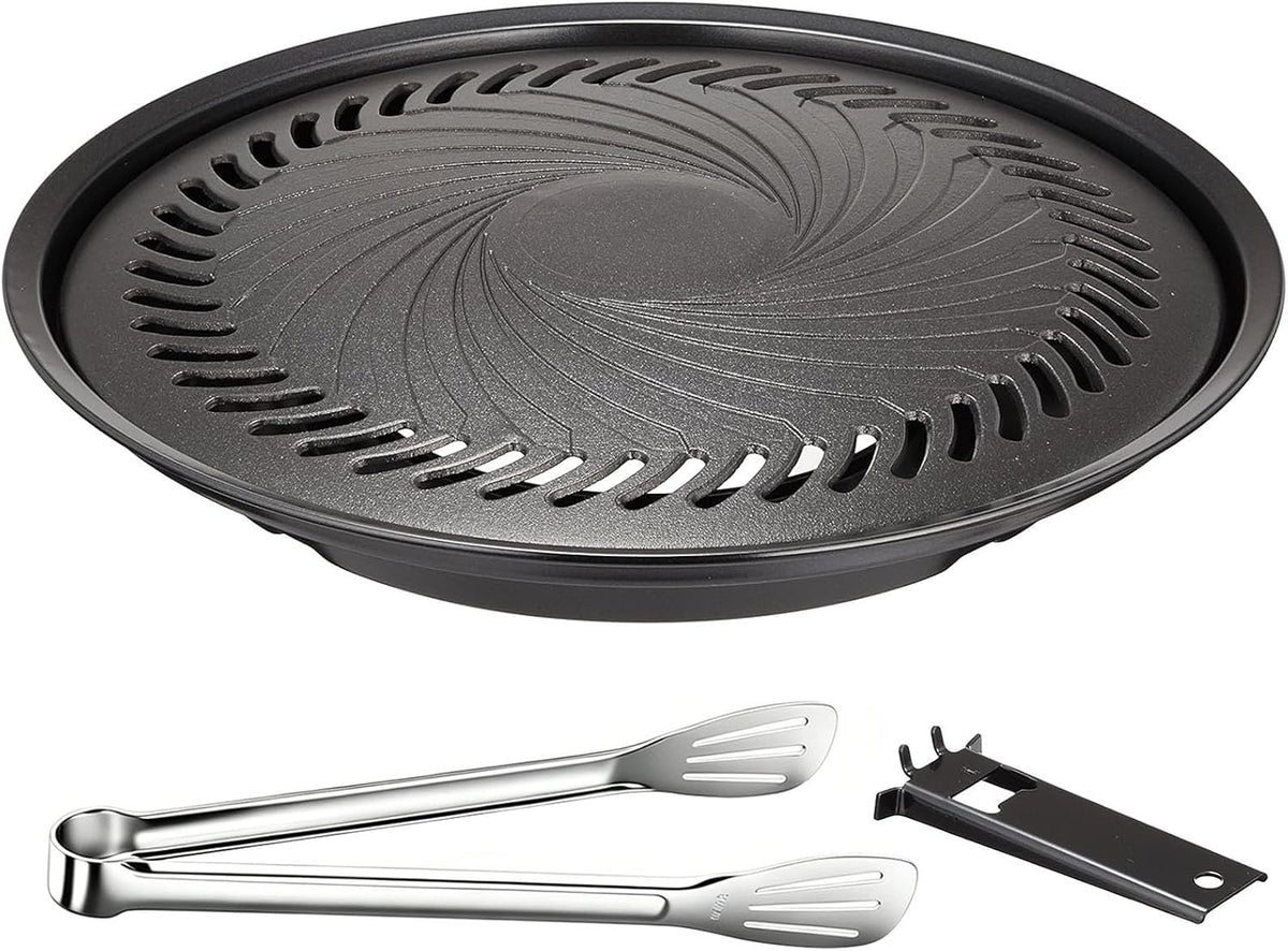 Korean BBQ Grill Pan, Nonstick 13.5" Round Indoor Grill Pan Smokeless Cast Aluminum Includes Food Tongs & Grill Plate Handle, Outdoor Camping Grilling, Picnic Cooking