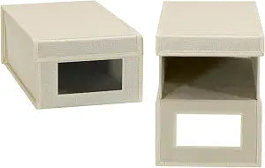 Household Essentials Small Drop Front Shoe Box with Clear Front Panel, Sturdy PolyBlended Linen, Cream Finish, Set of 2