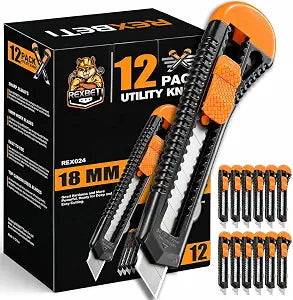 REXBETI 12-Pack Utility Knife, Retractable Box Cutter for Cartons, Cardboard and Boxes, 18mm Wider Razor Sharp Blade, Smooth Mechanism, Perfect for Office and Home use