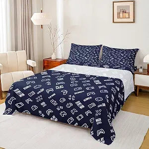 Manfei Gaming Gamepad Sheet Set Queen,Boys Kids Video Game Controller Bedding 4pcs with Deep Pocket Fitted + Flat 2 Pillowcases,Modern Gamer Room Decor,Inky Blue Fashion Bed