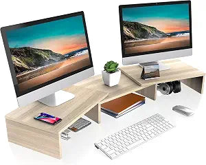 FITUEYES Dual Monitor Stand Riser, Adjustable Length and Angle, Oak