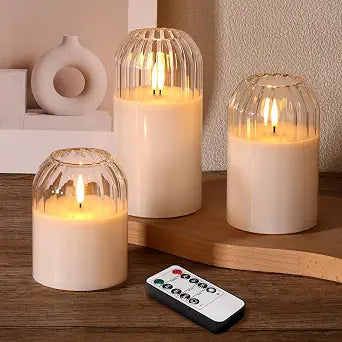 Clear Glass Flameless Pillar Candles with Remote Timer Set of 3
