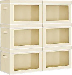 Homsorout Collapsible & Stackable Fabric Storage Bins with Front Window, 6 Pack for Closet, Bedroom, Nursery, Home & Office, Beige, 14.9 x 9.8 x 9.8 Inches