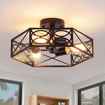 Modern Farmhouse Black Flush Mount Ceiling Light, 3-Light Semi Flush Mount Light Fixture with Stylish Hexagon Cage, Dimmable Industrial Lamp for Kitchen Hallway Bathroom, E26 Base