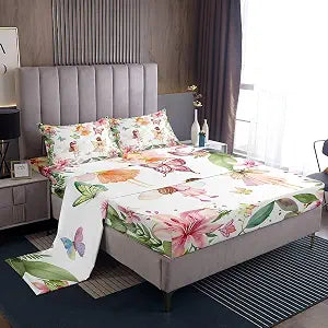 Erosebridal Fairy Garden Full Bed Sheets,Pink Floral Butterfly Bedding Set for Girls Kids,Dreamy Flower Girly Fitted Sheet Set,Coquette Flowers Sheets Bedroom Decor with 2 Pillowcases