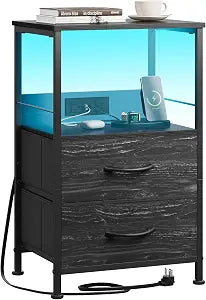 WLIVE Night Stand with Charger Station, LED Nightstand for Bedroom, Small Dresser with 2 Fabric Drawers for Small Spaces, Bed Side Table, Charcoal Black and Wood Grain Print