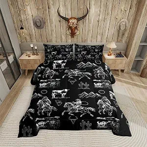 Erosebridal Western Cowboy Bedding Queen Black White Horse Cow Print Comforter Set for Kids Boys Teen Men Country Wild West Bedding Comforter Sets Desert Cactus Quilt Duvet Rustic Room Decor