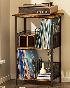 Honkazita 3 Tier Vinyl Record Storage Table Wooden Turntable Stand