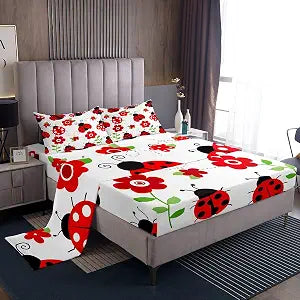 Castle Fairy Ladybug Sheet Set Kids Boys Girls Red Floral and Animal Fitted Sheets Set Full Size Cute Bug Bedding Sheet Sets Includes 1 Flat Sheet,1 Fitted Sheet,2 Pillowcases