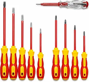 Insulated Screwdriver Set 1000V, 10-Piece Electrician Screwdriver Set with Voltage Tester, Magnetic Tips, Cr-V Steel, Slim Ergonomic Grip