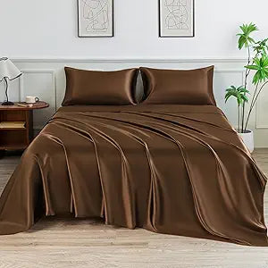 Satin Sheets Queen,4Pcs Bed Set with 15" Deep Pocket,Brown