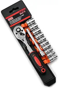 12PCS Socket Ratchet Wrench Set, 1/4 Inch Drive Small Tool Set with 4'' Extension Bar and Storage Rack, Metric Socket Set (4-13mm) for Car Repair and Home Use