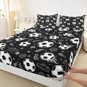 Soccer Boys Girls Bed Sheets,Ball Sport Games Competition Room Decor,Star Dot Geometric Honeycomb Hexagon Kids Twin Size Fitted Sheet,Black White Bedding Set,1 Pillowcase(No Flat)