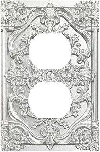 Silver Gray Outlet Covers Decorative Bright Silver 3D Floral Embossed 1 Gang Duplex Light Switch Cover Unique Receptacle Wall Plate Electrical Switch Plate Covers Plug Faceplate for Home Decor