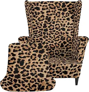 Leopard Print Wing Back Chair Cover Brown Washable with Elastic Bottom Wingback Chair Cover Wear Resistant Spandex Furniture Protector for Living Room Bedroom 2 PCS