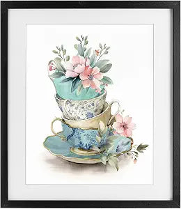 Tea Cup Chinoiserie Floral, 13 x 16 Inch Framed Print Under Glass