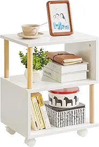 Aibiju Wooden Night Stand with Open Shelf, Nightstand with Wheels, S-Shaped Bed Side Table 3 Tier, 20 inch High End Table White YD-TM155W