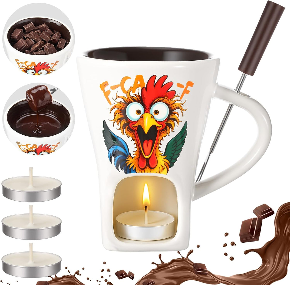 Honeydak White Chicken Chocolate Fondue Mug with Fork and 3 Tealights Cup