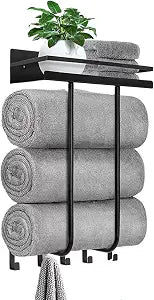 Wall Mounted Bathroom Towel Storage Rack with Shelf and 5 Hooks