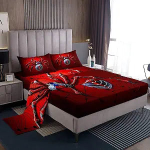Manfei Spider Web Kids Sheet Full Size,Red Spider Arachnid Insect Animal Bedding Set,Girls Boys Room Decor,Happy Halloween Trippy Blue Black Fashion Bed Sheet Set 4pcs(Fitted + Flat + 2 Pillowcases)