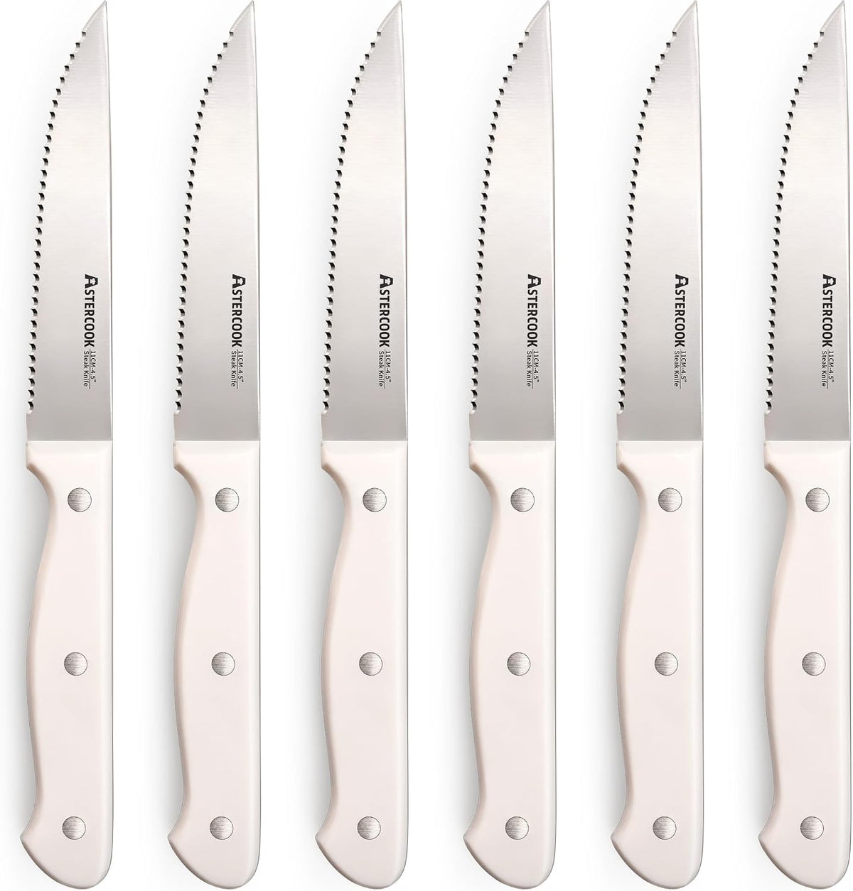 Astercook Steak Knives Set of 6 with Full Tang Handles, Elegant Cream White