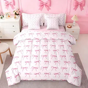Erosebridal Pink Ribbon Bow Comforter Set, Bow Bedding, Queen 7 Pieces