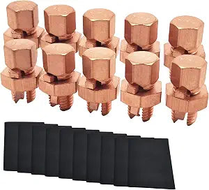 10PCS Split Bolt Connectors Copper Grounding Wire Clamps with 10pcs Heat Shrink Tube for Completing Ground Bonding (Wire 4AWG - 10AWG)