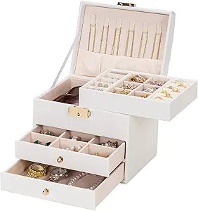 Homde Small Jewelry Box for Girls: 3-Layer Lockable Organizer (Cloud White)