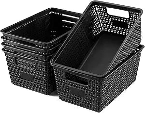EOENVIVS Set of 6 Baskets For Organizing, Plastic Storage Bins and Small Basket for Organization and Storage Shelves Drawers Desktop Closet Playroom Classroom Office, Black