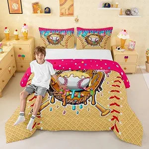 Castle Fairy Ice Cream Cake Printed Full Comforter Sets,Kids Drip Style Baseball Bedding Set for Adults Room,Watercolor Cartoon Sport Quilt Set 3 PCS,Red Ball Texture Duvet Insert,2 Pillow Cases
