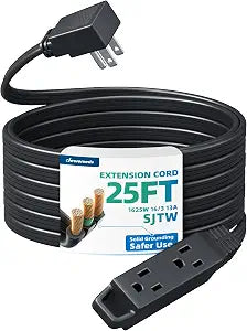 DEWENWILS 25FT Flat Extension Cord 3 Outlet, 16/3, Black, ETL Listed