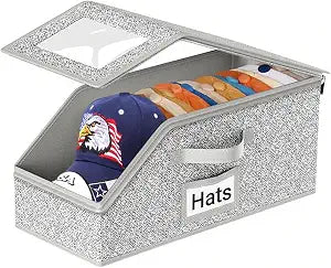 Hat Organizer for Baseball Caps,Holds up to 12 Caps Hat Organizer for Closet, Sturdy Stackable Storage for Men with Clear Lid, Flip-Top Access, Space-Saving Hat Box for Closet, Breathable Fabric