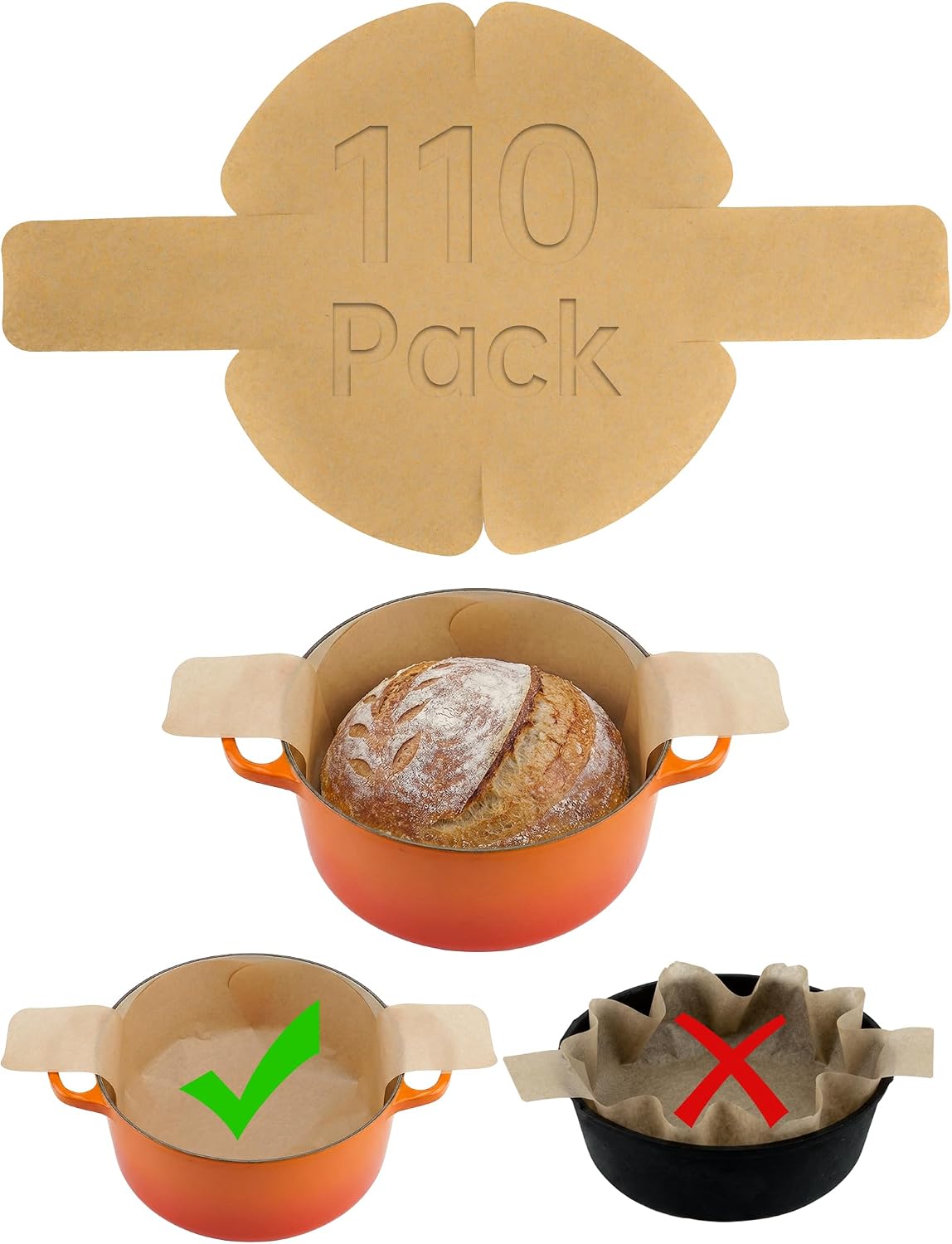 NiHome 110 PCS Pre-Cut Parchment Paper for Sourdough Baking, Bread Sling for Dutch Oven & Multi-Use Non-Stick Sheets, Fits 4-8QT Pots, 450F Heat Safe