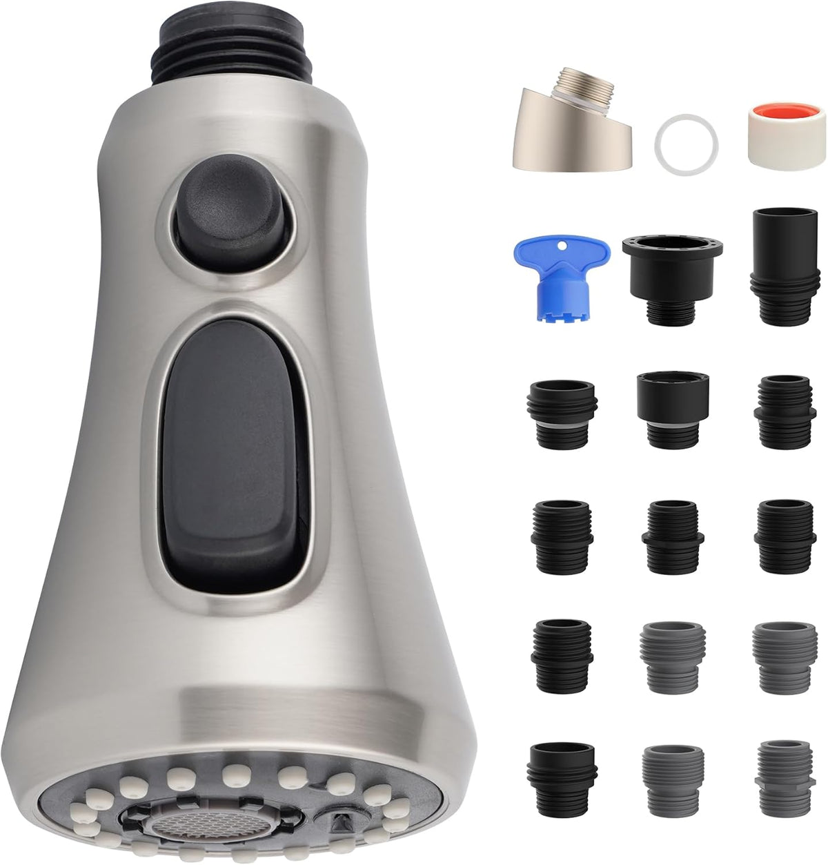 Universal Pull-Down Kitchen Faucet Sprayer Head, 15-Adapter, Brushed Nickel