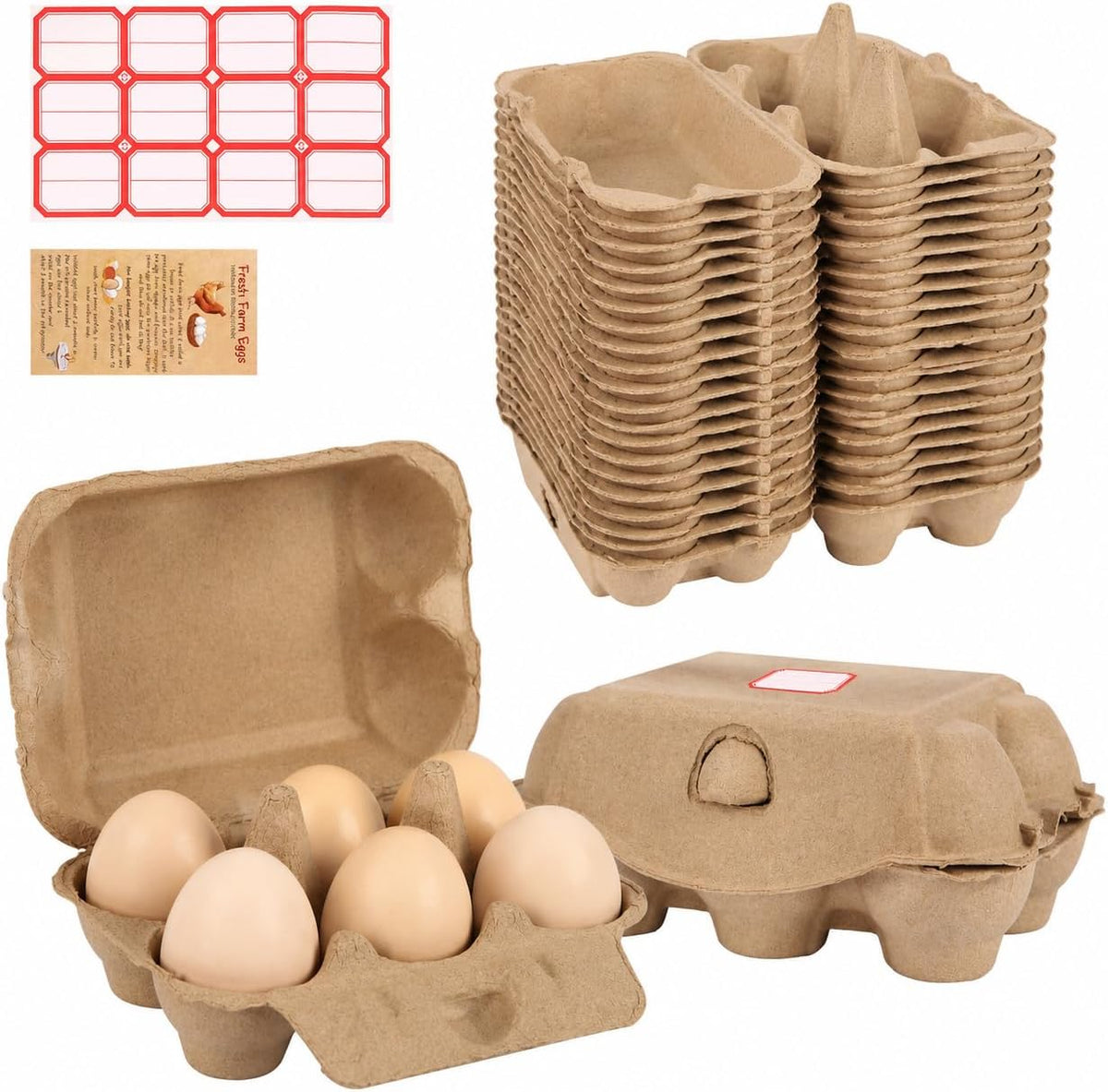 20 Pack Half Dozen Egg Cartons Bulk 6 Count, Empty Natural Paper Pulp Egg Cartons Reusable, Strong Sturdy Design Made from Natural Cardboard
