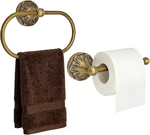 2-Piece Antique Brass Toilet Paper Holder & Towel Ring Set