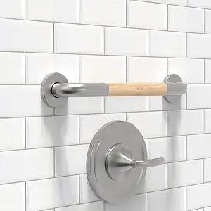 Safety Grab Bar for Bathroom & Toilet, Natural Bamboo Handle, ADA Compliant Balance Assist Handrail for Handicap and Seniors, 16in Brushed Nickel