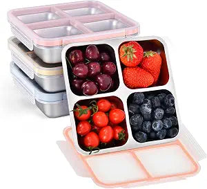 Stainless Steel Snack Containers with Lids, 4 Pack 4 Compartment Meal Prep Containers, Reusable Bento Box with Assorted Colors, Food Storage for Lunch, Work (Pink/Blue/Orange/Yellow)
