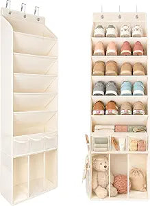 3in1 Over The Door Shoe Organizer with 5 Slanted Compartments,Removable Storage Bin & Transparent Pockets,Thickened Waterproof Oxford Fabric Shoes Rack for Shoes,Boots,Toys,Daily Essentials. (Beige)