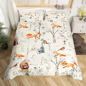 Homewish Bear Fox Owl Duvet Cover Set Queen Size,Pine Tree Jungle Bedding Sets 3Pcs for Kids Girls Boys Adult Room Decor,Wild Animals Comforter Cover Rustic Farmhouse Quilt Cover,2 Pillowcases