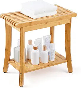 VEVOR Bamboo Shower Bench, 19in Waterproof Shower Stool Chair with Storage Shelf Non-Slip Foot Pads, 330lbs Load Capacity Shower Chair Seat, for Bathroom Indoor and Outdoor Use