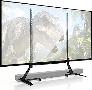 Amazon Basics Universal TV Stand, Height Adjustable for 22-77 inch TVs, Supports up to 80 lbs, VESA 200x100 to 800x400, Includes Soundbar Mount, Black