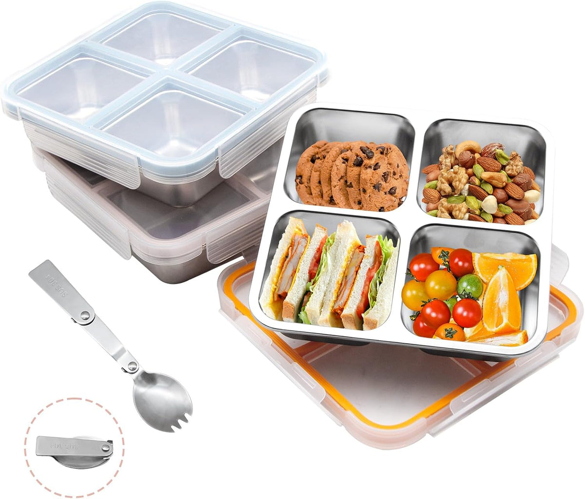 3 Pack 4 Compartment Stainless Steel Bento Box, Divided Meal Prep Containers For Work and Travel