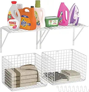2 Pack Laundry Room Shelves Wall Mounted with Wire Baskets, Over the Washer and Dryer Shelf with Clothes Drying Rack, 8 HooksWire Shelves Baskets for Laundry Closet Organization and Storage, White