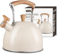 Tea Kettle for Stove Top, 3.2 Quart / 3 Liter Whistling Tea Kettle, Stainless Steel Tea Pot with Wood Pattern Folding Handle, Beige