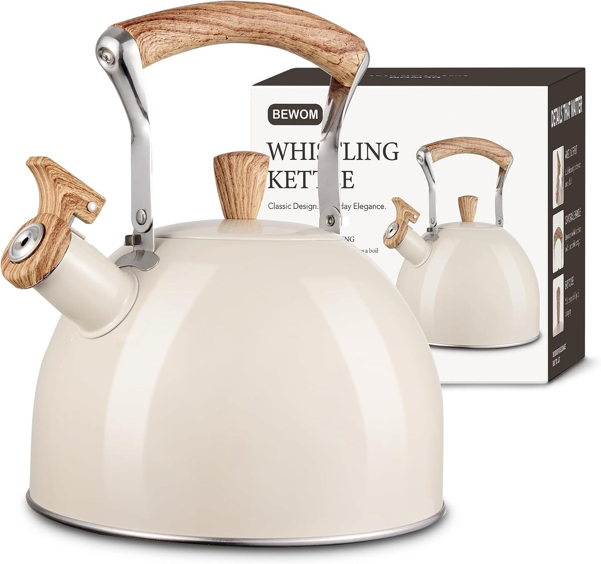 Tea Kettle for Stove Top, 3.2 Quart / 3 Liter Whistling Tea Kettle, Stainless Steel Tea Pot with Wood Pattern Folding Handle, Beige