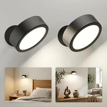 EZVALO LED Wall Mounted Light, 3000mAh Rechargeable Cordless Wall Sconce, Dimmable with Remote & Touch Control, 3 Color Temps, 360 Rotatable for Bedroom, Bedside (Black, 2 Pack)
