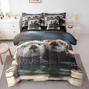 Erosebridal Sea Otters 7 Piece Comforter Set Full Bed in A Bag,Kawaii Cute Sea Otters Bedding Set for Kids Child Teens,Ocean Themed Bed Set,3D Otter Sheets for Otter Lovers,Sea Animal Quilt
