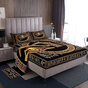 Erosebridal Egypt Eye Print Sheet Set Ancient Egyption Twin Bed Sheets Set for Kids,Gold and Black Egypt Symbol Sheets for Adults Teens Women Men Old Geometric Pharaoh Pyramid Top Sheet for Bedroom